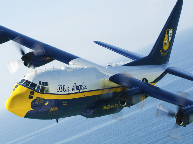PENSACOLA, Fla. (July 10, 2015) - The U.S. Navy Flight Demonstration Squadron, the Blue Angels, C-130 transport aircraft, affectionately known as Fat Albert, flies along the Emerald Coast during the Red, White &amp; Blues Pensacola Beach Air Show weekend for a photoshoot. The Blue Angels are scheduled to perform 68 demonstrations at 35 locations across the U.S. in 2015. (U.S. Navy photo by Mass Communication Specialist 2nd Class Kathryn E. Macdonald/Released)