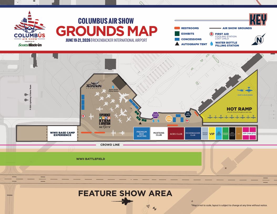Illustrated venue map of the 2026 Columbus Air Show at Rickenbacker International Airport showing entrances, aircraft display areas, premium seating zones, hospitality chalets, STEM experience, WWII base camp, hot ramp aircraft rides area, concessions, restrooms, first aid, water stations, and the main feature show area.